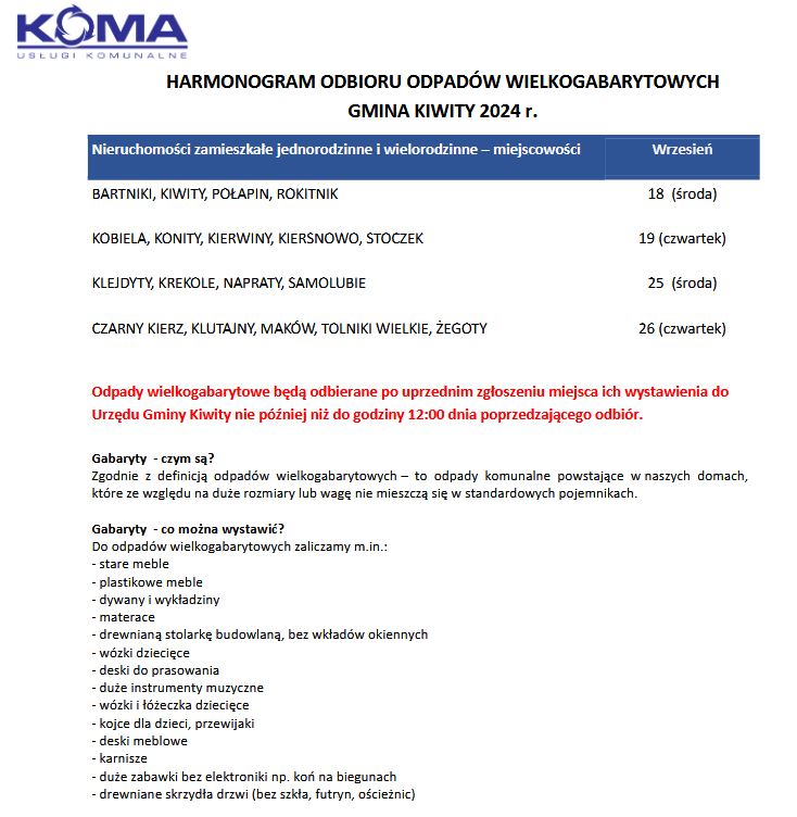 Harmonogram wywozu odpadów wielkogabarytowych 2